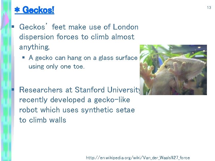 * Geckos! 13 § Geckos’ feet make use of London dispersion forces to climb