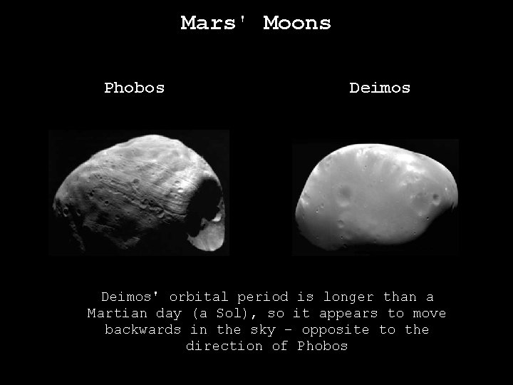 Mars' Moons Phobos Deimos' orbital period is longer than a Martian day (a Sol), Mars' Moons Phobos Deimos' orbital period is longer than a Martian day (a Sol),