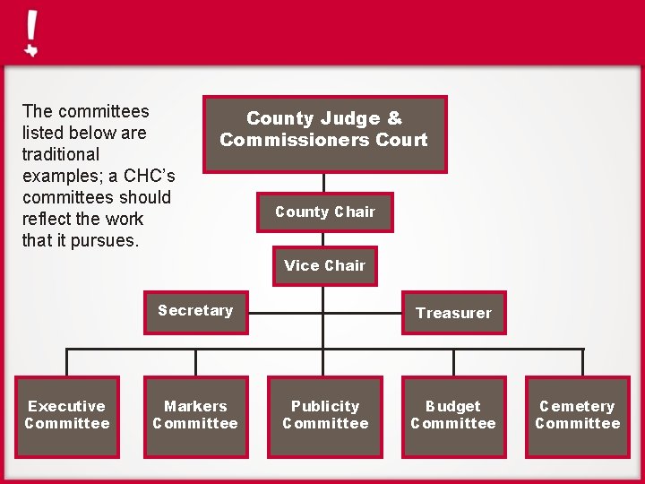 The committees listed below are traditional examples; a CHC’s committees should reflect the work