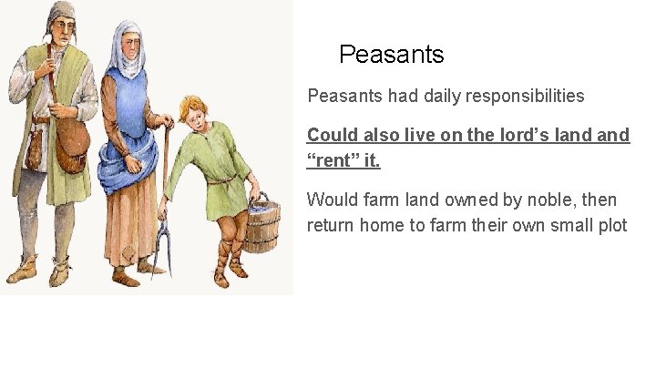 Peasants had daily responsibilities Could also live on the lord’s land “rent” it. Would