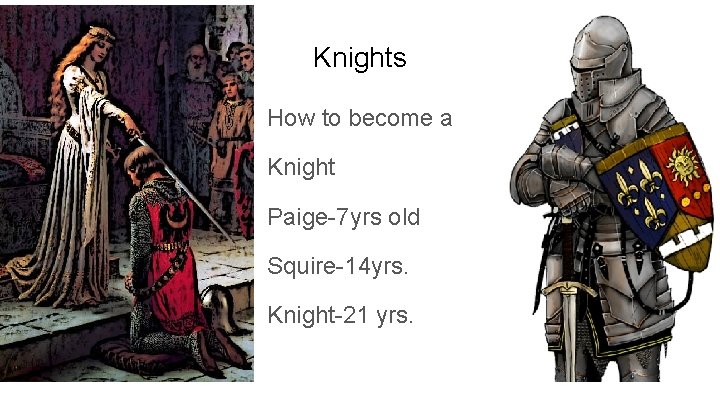 Knights How to become a Knight Paige-7 yrs old Squire-14 yrs. Knight-21 yrs. 