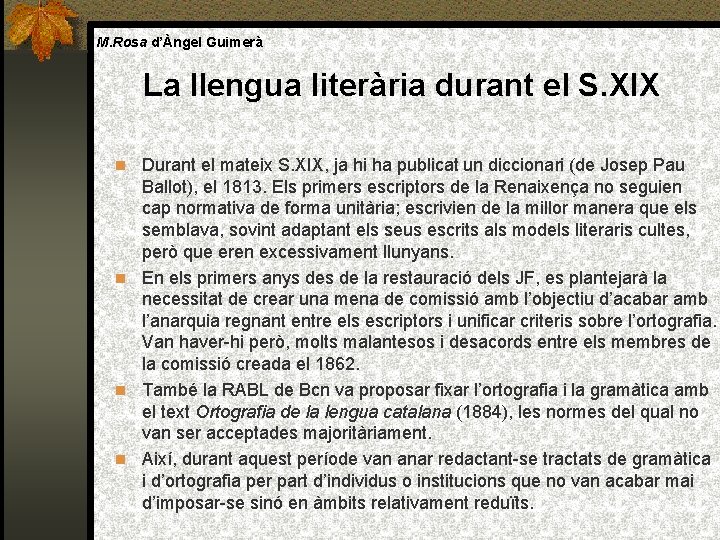 M. Rosa d’Àngel Guimerà La llengua literària durant el S. XIX Durant el mateix