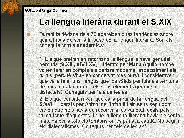 M. Rosa d’Àngel Guimerà La llengua literària durant el S. XIX Durant la dèdada