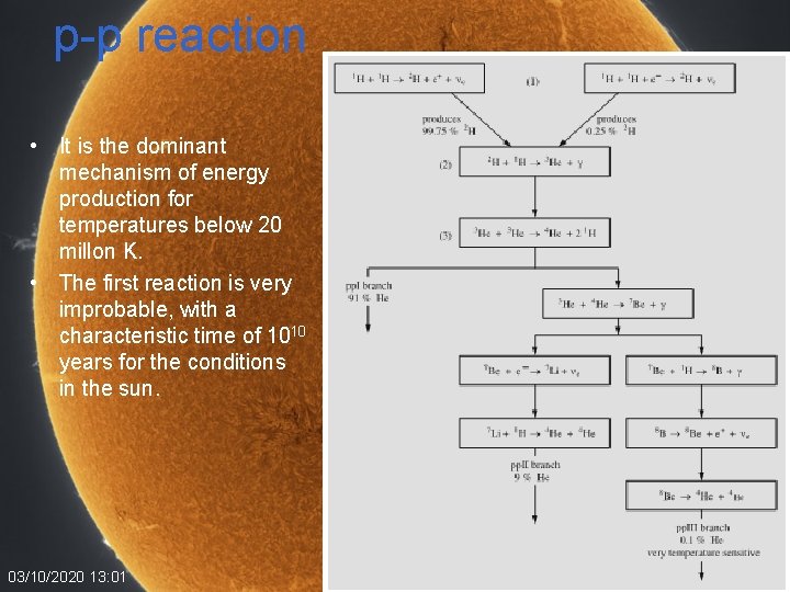 p-p reaction • It is the dominant mechanism of energy production for temperatures below