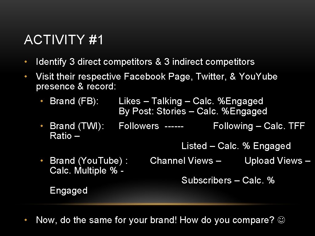 ACTIVITY #1 • Identify 3 direct competitors & 3 indirect competitors • Visit their