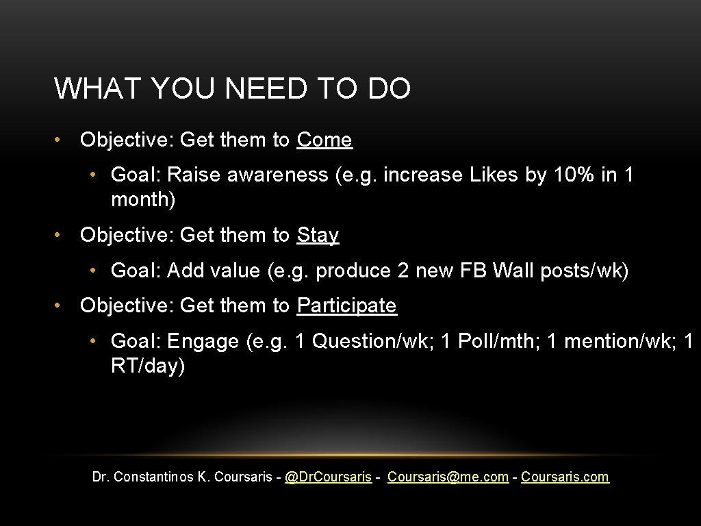 WHAT YOU NEED TO DO • Objective: Get them to Come • Goal: Raise