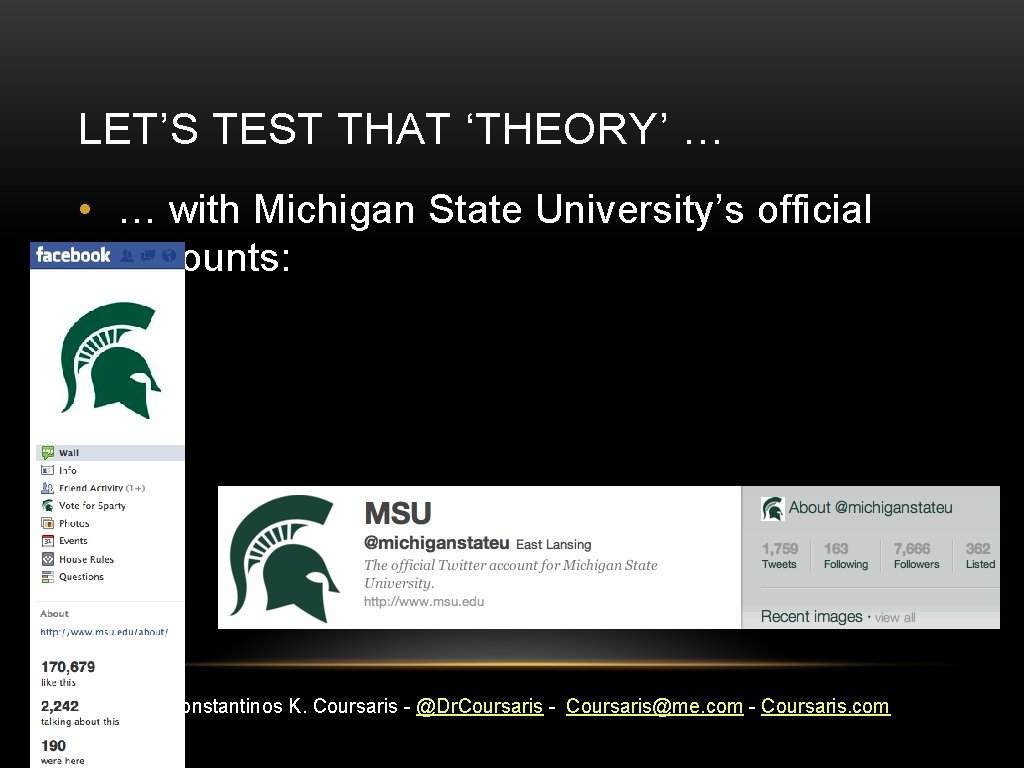 LET’S TEST THAT ‘THEORY’ … • … with Michigan State University’s official accounts: Dr.