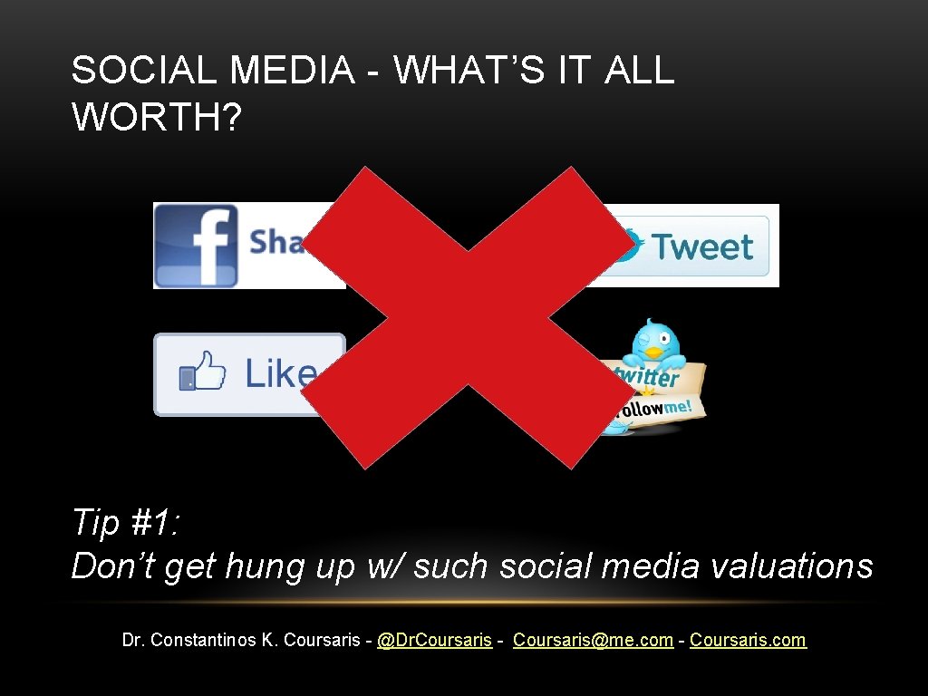 SOCIAL MEDIA - WHAT’S IT ALL WORTH? =$14 $5= =$5 $2= Tip #1: Don’t