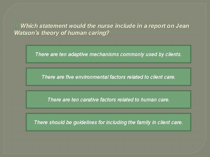 9. Which statement would the nurse include in a report on Jean Watson's theory