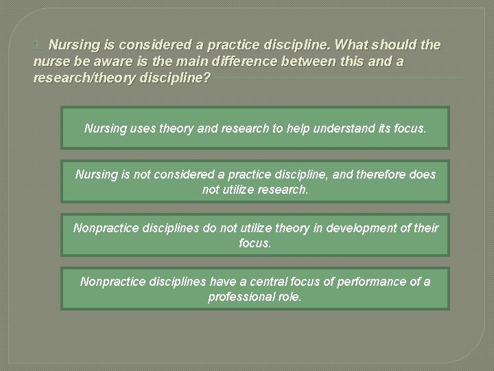 1. Nursing is considered a practice discipline. What should the nurse be aware is