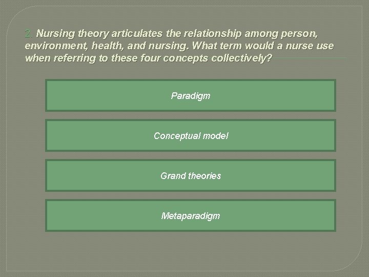 2. Nursing theory articulates the relationship among person, environment, health, and nursing. What term