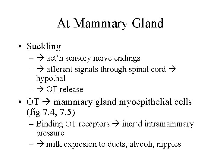 At Mammary Gland • Suckling – act’n sensory nerve endings – afferent signals through