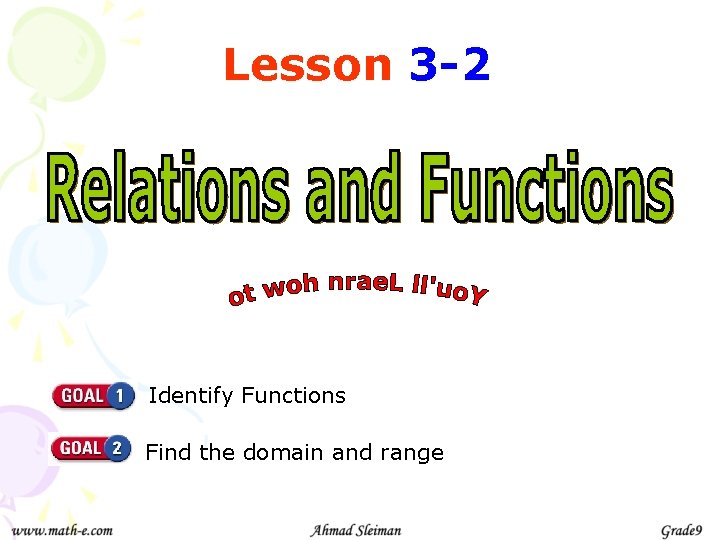 Lesson 3 -2 Identify Functions Find the domain and range 