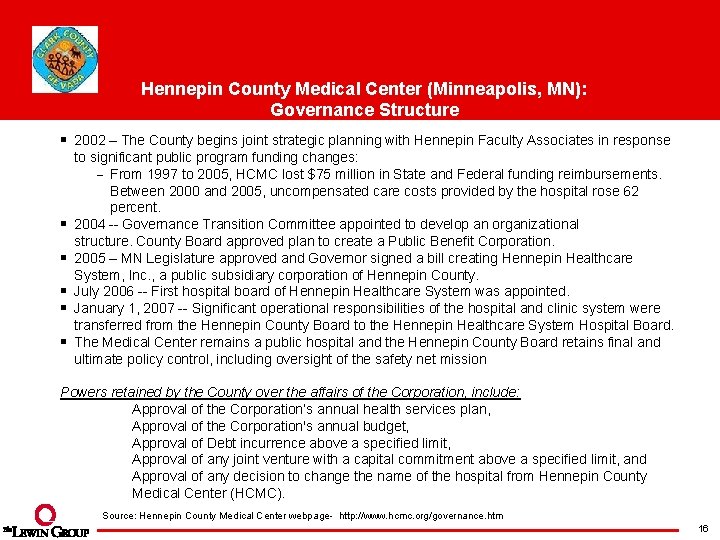 Hennepin County Medical Center (Minneapolis, MN): Governance Structure § 2002 – The County begins