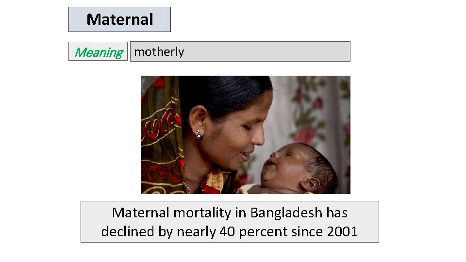 Maternal Meaning motherly Maternal mortality in Bangladesh has declined by nearly 40 percent since