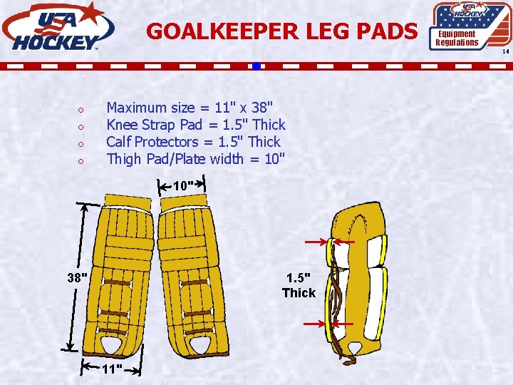 GOALKEEPER LEG PADS Equipment Regulations 14 o o Maximum size = 11" x 38"