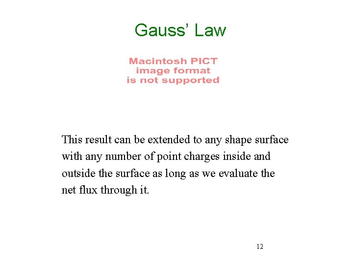 Gauss’ Law This result can be extended to any shape surface with any number