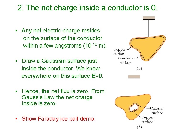 2. The net charge inside a conductor is 0. • Any net electric charge