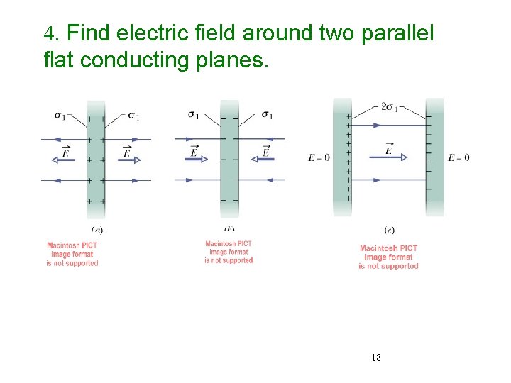 4. Find electric field around two parallel flat conducting planes. 18 