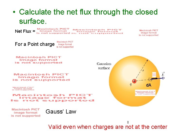  • Calculate the net flux through the closed surface. Net Flux = For