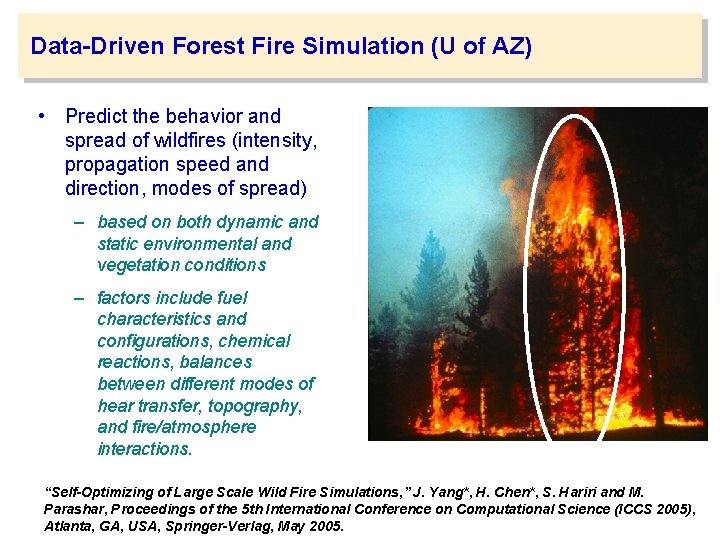 Data-Driven Forest Fire Simulation (U of AZ) • Predict the behavior and spread of