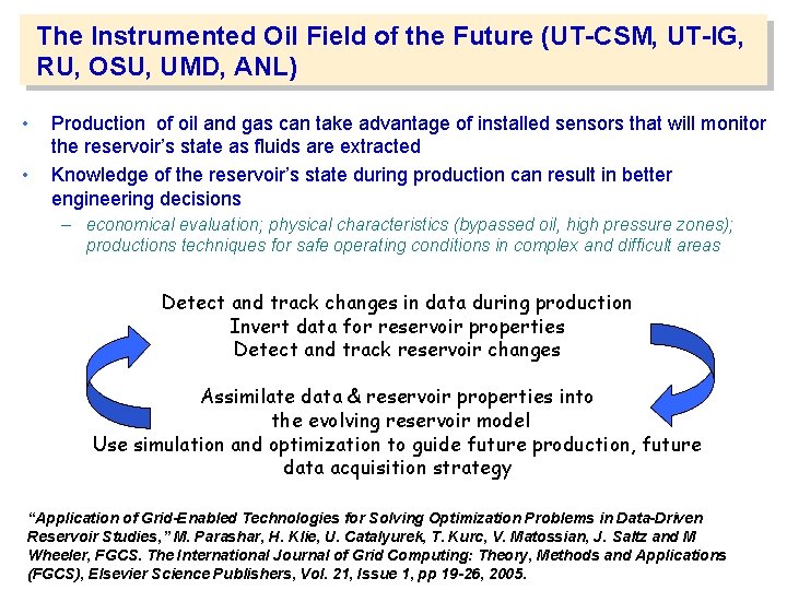 The Instrumented Oil Field of the Future (UT-CSM, UT-IG, RU, OSU, UMD, ANL) •