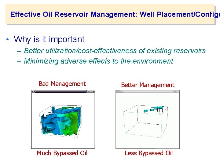 Effective Oil Reservoir Management: Well Placement/Configu • Why is it important – Better utilization/cost-effectiveness