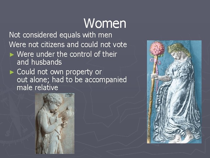 Women Not considered equals with men Were not citizens and could not vote ►
