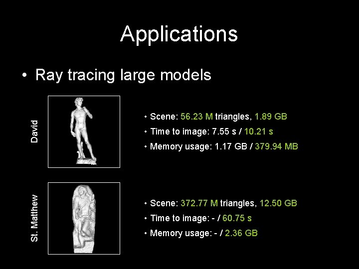 Applications St. Matthew David • Ray tracing large models • Scene: 56. 23 M