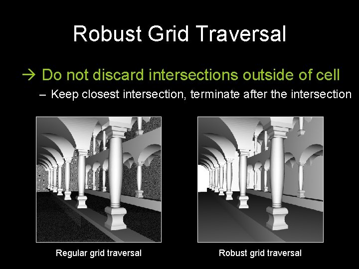 Robust Grid Traversal Do not discard intersections outside of cell – Keep closest intersection,