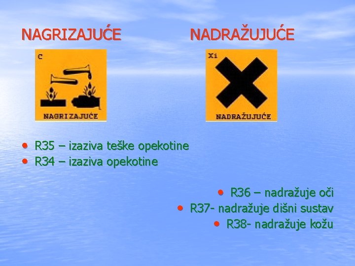 NAGRIZAJUĆE NADRAŽUJUĆE • R 35 – izaziva teške opekotine • R 34 – izaziva