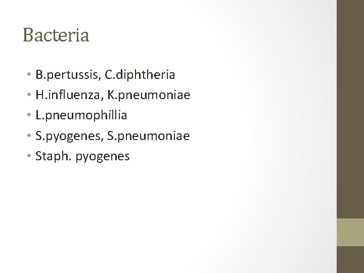 Bacteria • B. pertussis, C. diphtheria • H. influenza, K. pneumoniae • L. pneumophillia