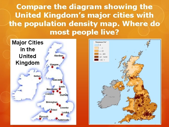 Compare the diagram showing the United Kingdom’s major cities with the population density map. Compare the diagram showing the United Kingdom’s major cities with the population density map.