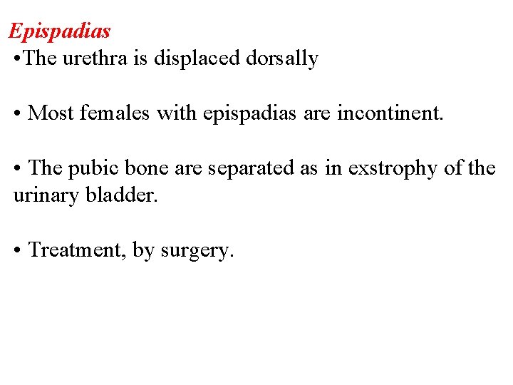 Epispadias • The urethra is displaced dorsally • Most females with epispadias are incontinent.