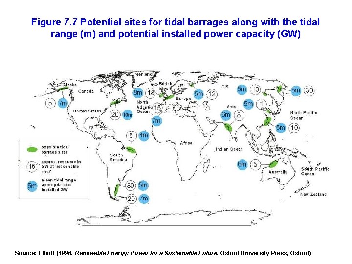 Figure 7. 7 Potential sites for tidal barrages along with the tidal range (m)