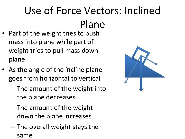 Use of Force Vectors: Inclined Plane • Part of the weight tries to push