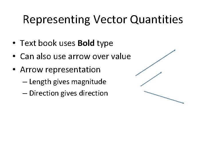 Representing Vector Quantities • Text book uses Bold type • Can also use arrow