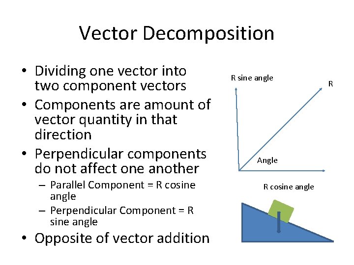 Vector Decomposition • Dividing one vector into two component vectors • Components are amount