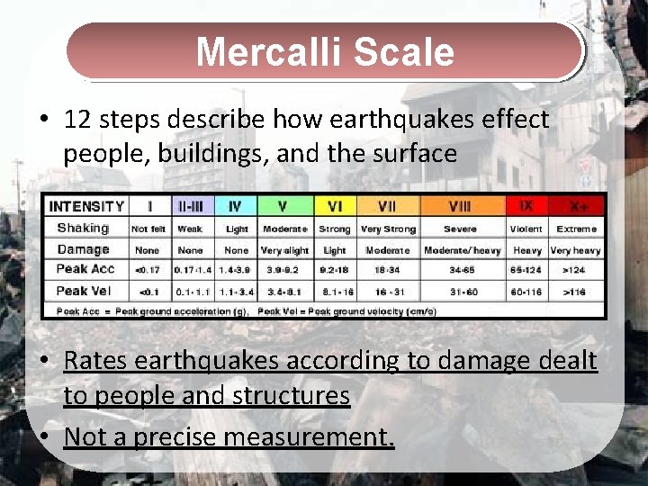 Mercalli Scale • 12 steps describe how earthquakes effect people, buildings, and the surface