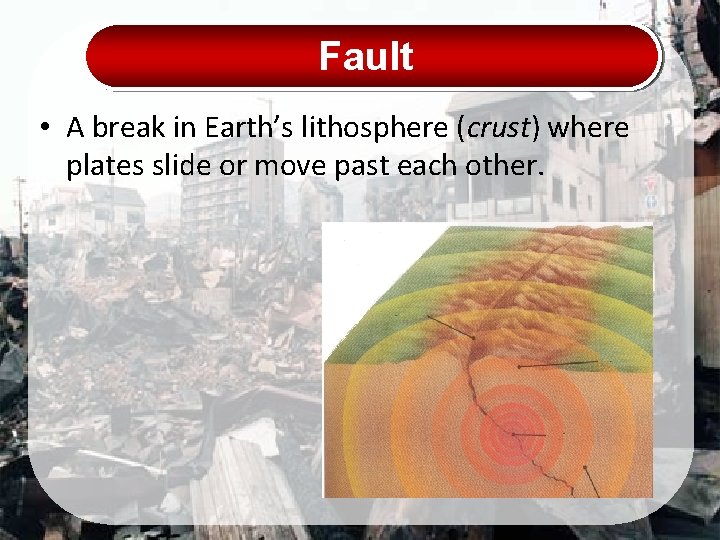 Fault • A break in Earth’s lithosphere (crust) where plates slide or move past