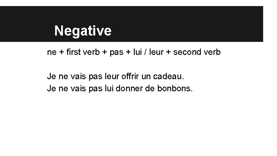 Negative ne + first verb + pas + lui / leur + second verb