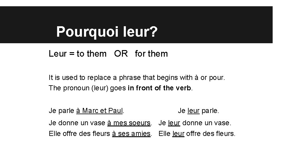 Pourquoi leur? Leur = to them OR for them It is used to replace