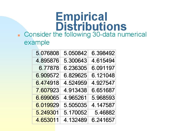 Empirical Distributions n Consider the following 30 -data numerical example Empirical Distributions n Consider the following 30 -data numerical example