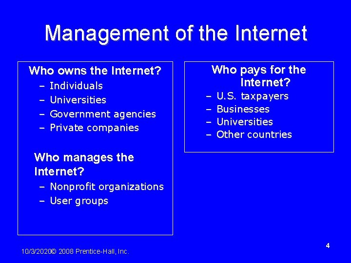 Management of the Internet Who owns the Internet? – – Individuals Universities Government agencies