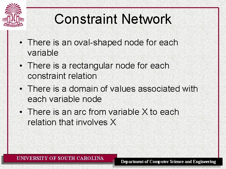 Constraint Network • There is an oval-shaped node for each variable • There is