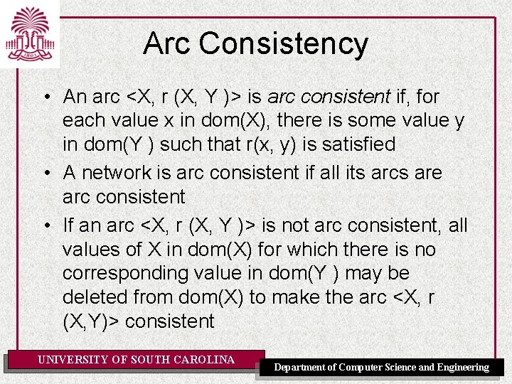 Arc Consistency • An arc <X, r (X, Y )> is arc consistent if,