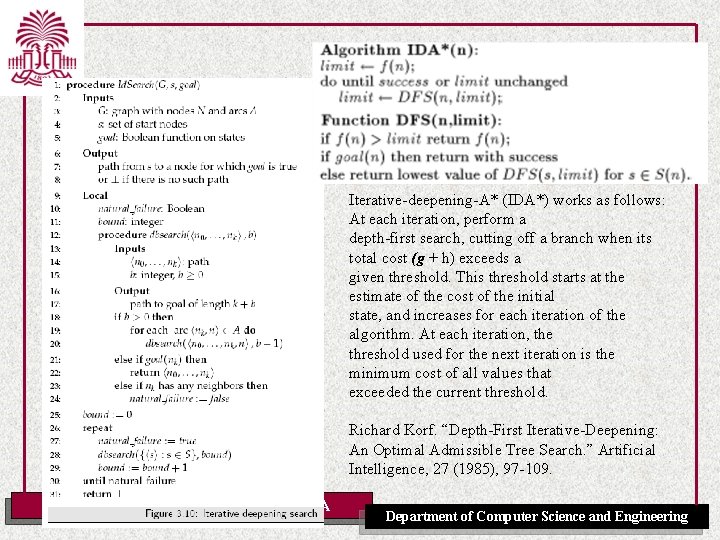 Iterative-deepening-A* (IDA*) works as follows: At each iteration, perform a depth-first search, cutting off