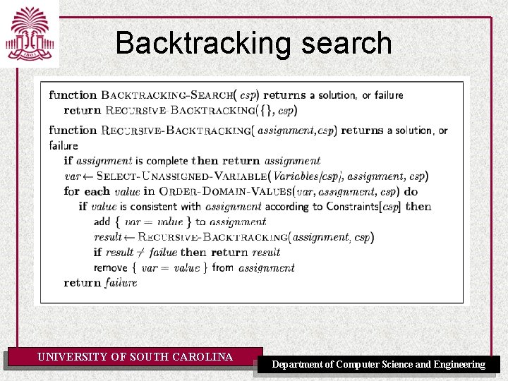 Backtracking search UNIVERSITY OF SOUTH CAROLINA Department of Computer Science and Engineering 