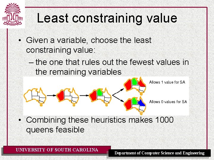 Least constraining value • Given a variable, choose the least constraining value: – the