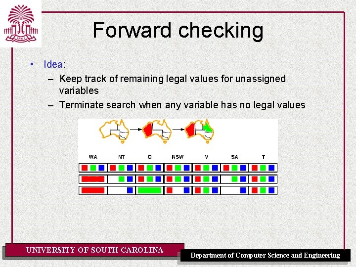 Forward checking • Idea: – Keep track of remaining legal values for unassigned variables